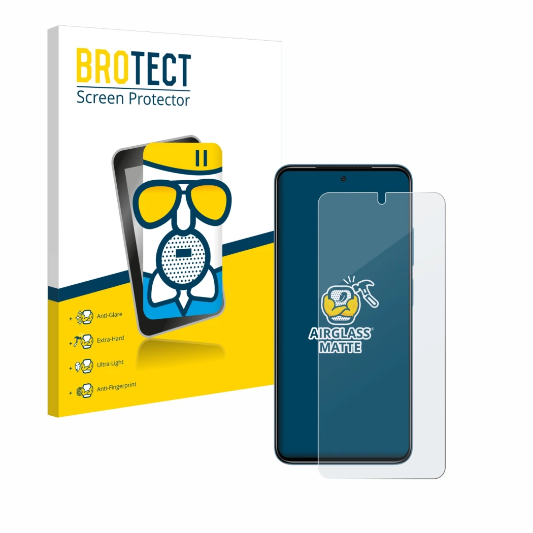 Face avant d’un emballage produit avec le logo de la marque BROTECT. À côté, l’appareil Xiaomi Redmi Note 11 est représenté av