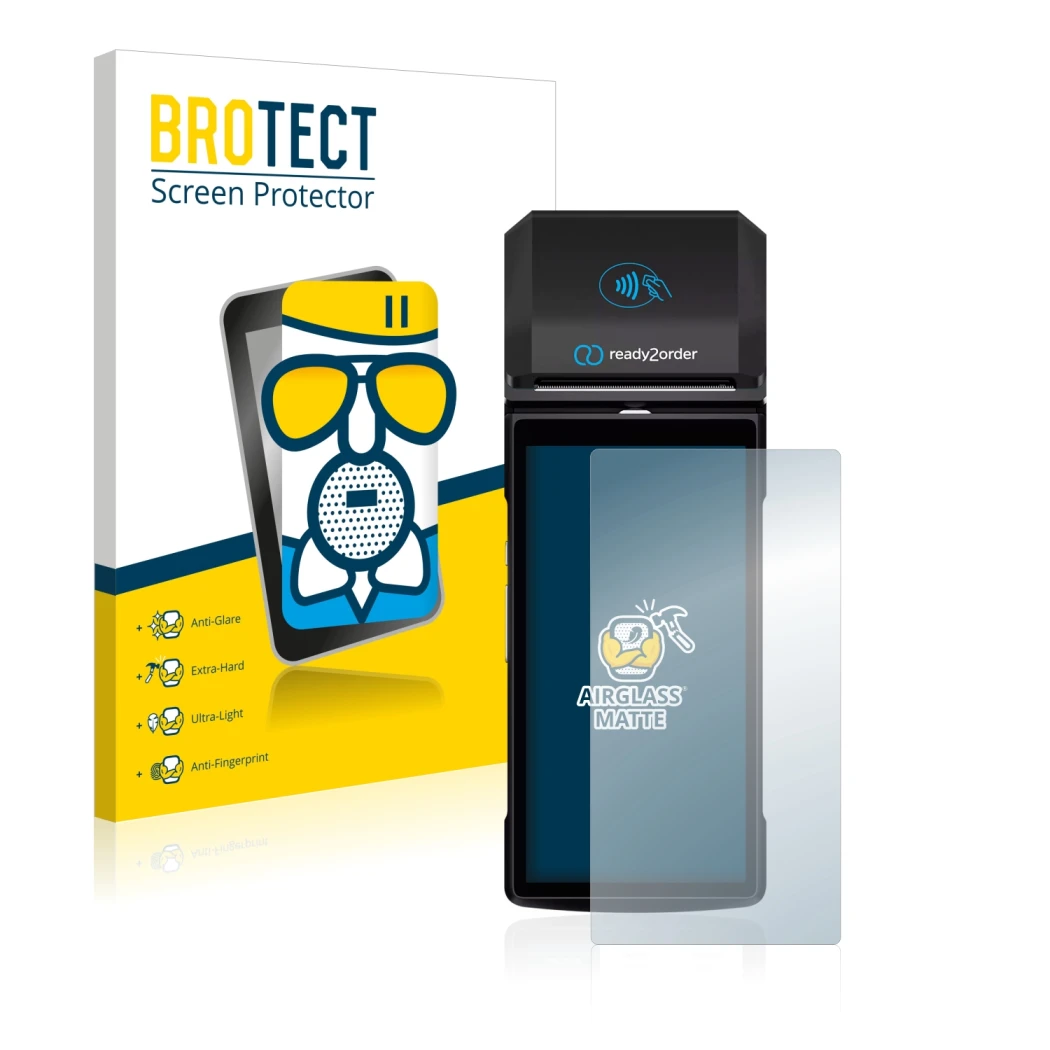 Face avant d’un emballage produit avec le logo de la marque BROTECT. À côté, l’appareil Ready2order ReadyGo est représenté ave