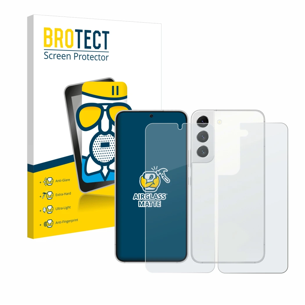 Face avant d’un emballage produit avec le logo de la marque BROTECT. À côté, l’appareil Samsung Galaxy S22 5G (Avant+Arrière) 