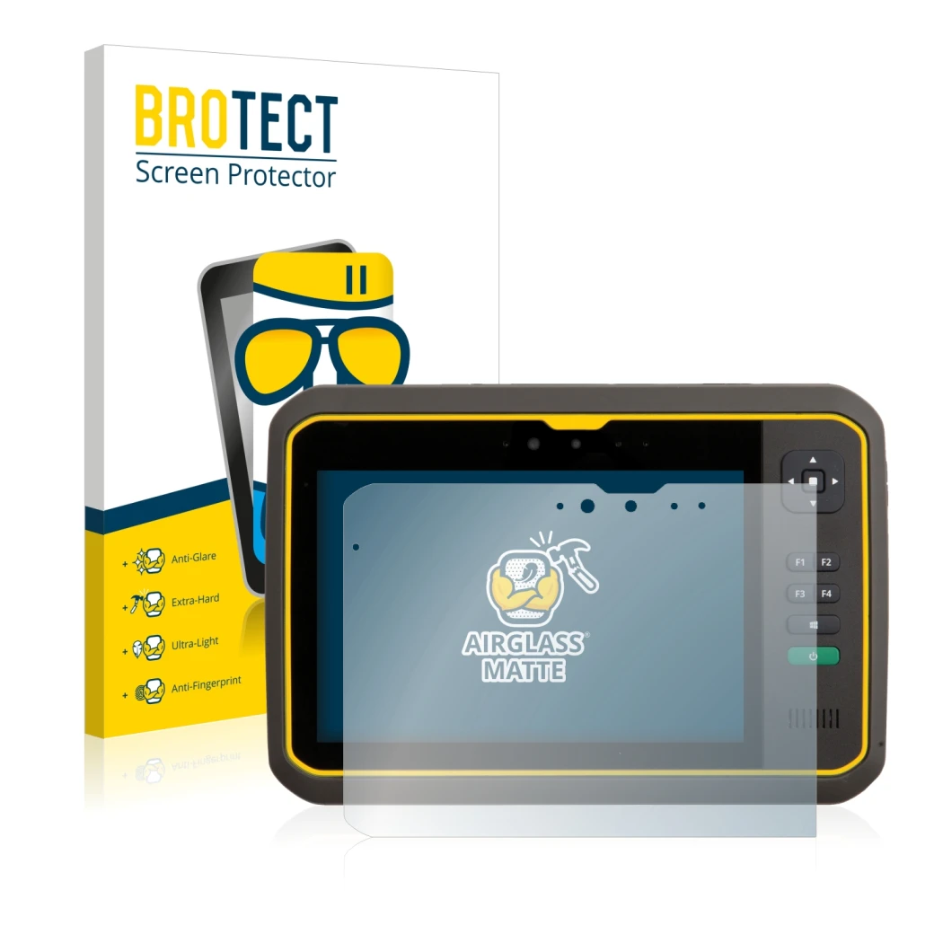 Face avant d’un emballage produit avec le logo de la marque BROTECT. À côté, l’appareil Trimble T7 est représenté avec la prot