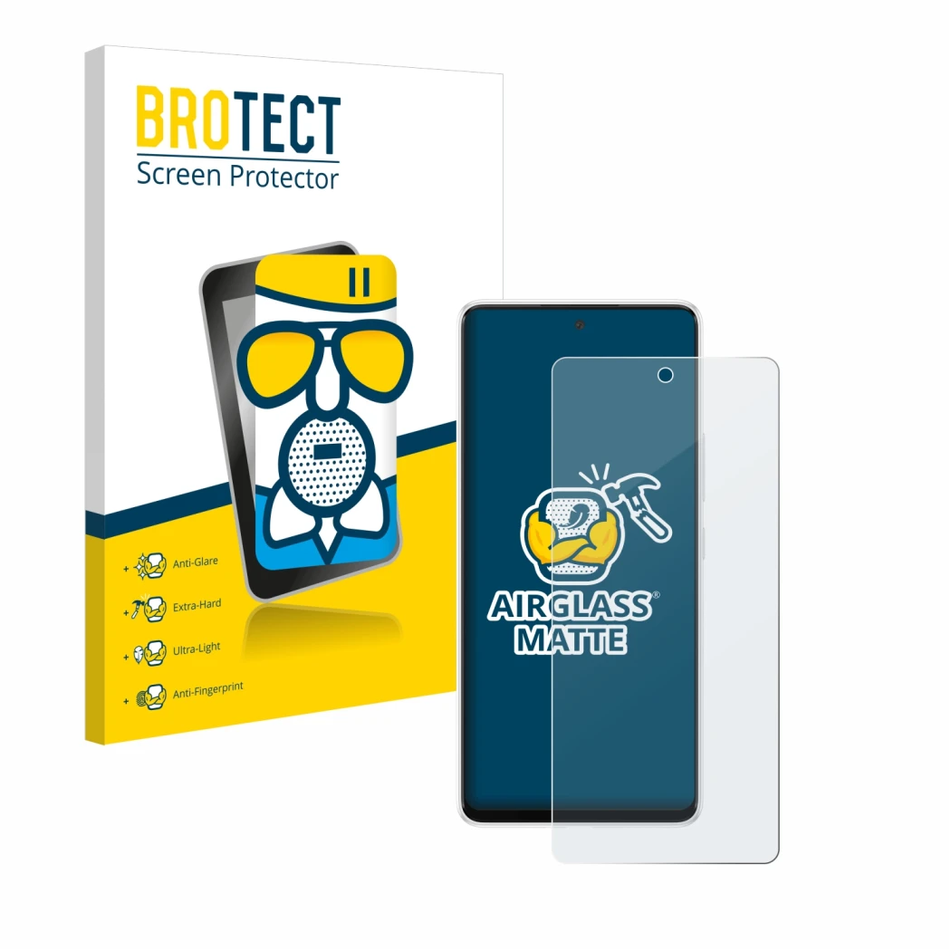 Face avant d’un emballage produit avec le logo de la marque BROTECT. À côté, l’appareil Samsung Galaxy A53 5G est représenté a