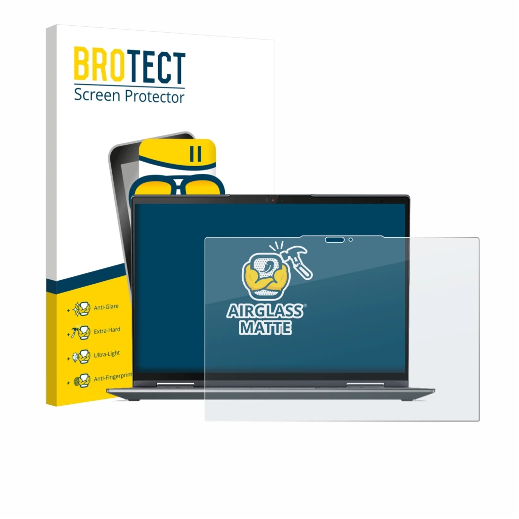 Face avant d’un emballage produit avec le logo de la marque BROTECT. À côté, l’appareil Lenovo ThinkPad X1 Yoga Gen 7 est repr