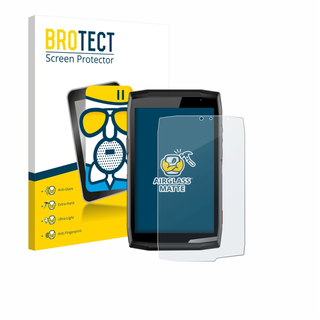 Face avant d’un emballage produit avec le logo de la marque BROTECT. À côté, l’appareil Crosscall Core T5 est représenté avec 