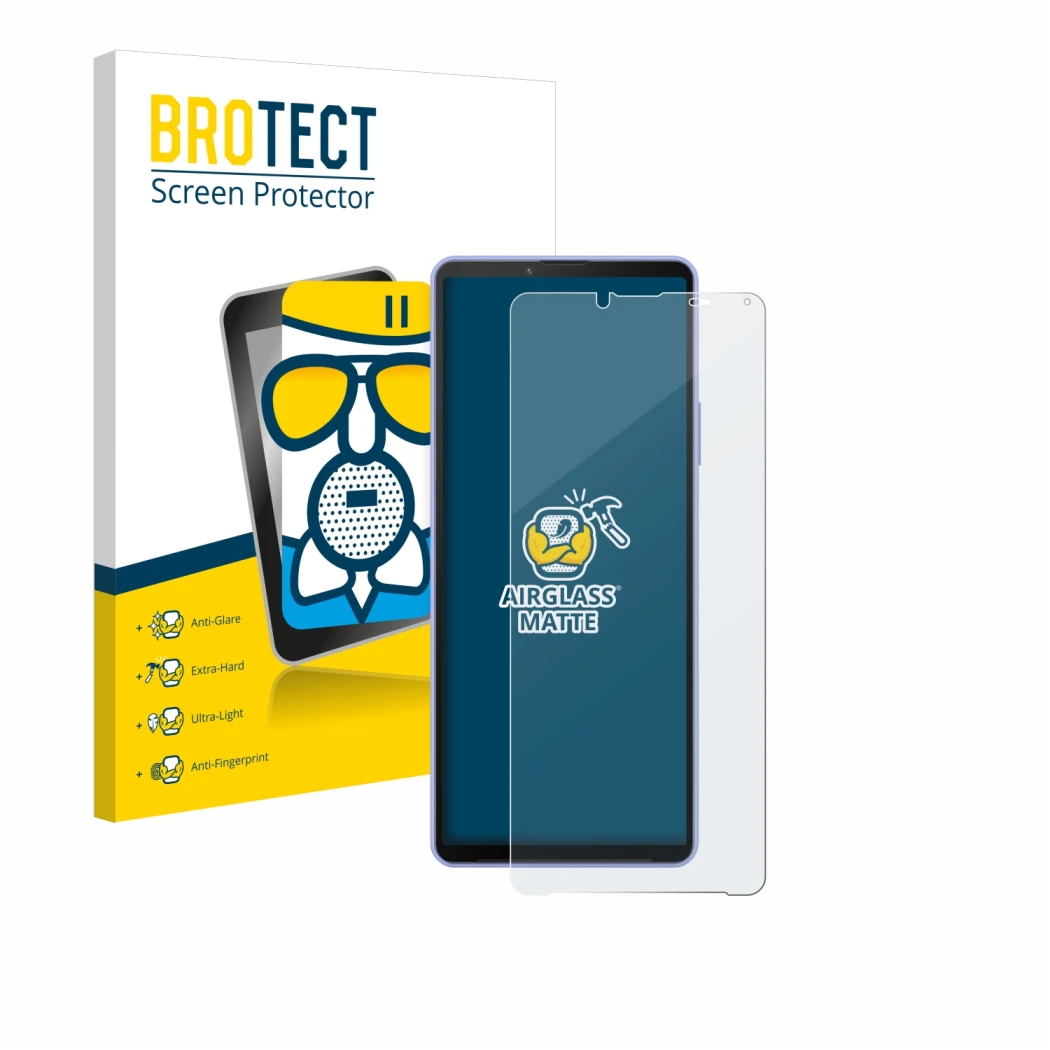 Face avant d’un emballage produit avec le logo de la marque BROTECT. À côté, l’appareil Sony Xperia 10 IV est représenté avec 