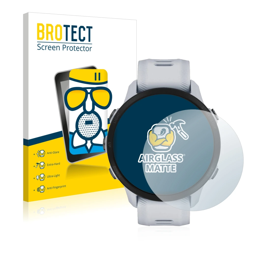 Face avant d’un emballage produit avec le logo de la marque BROTECT. À côté, l’appareil Garmin Forerunner 955 est représenté a