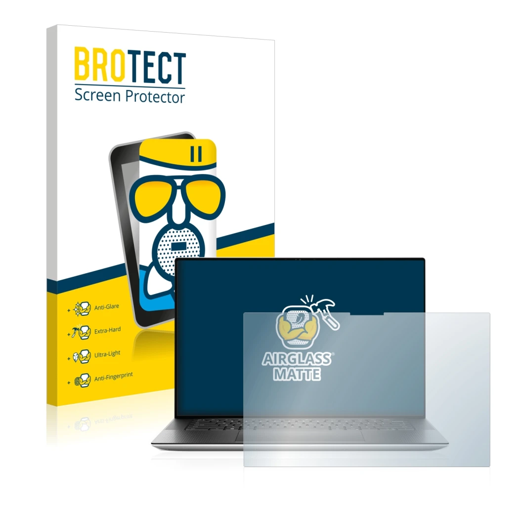 Face avant d’un emballage produit avec le logo de la marque BROTECT. À côté, l’appareil Dell XPS 15 9510 Touch est représenté 