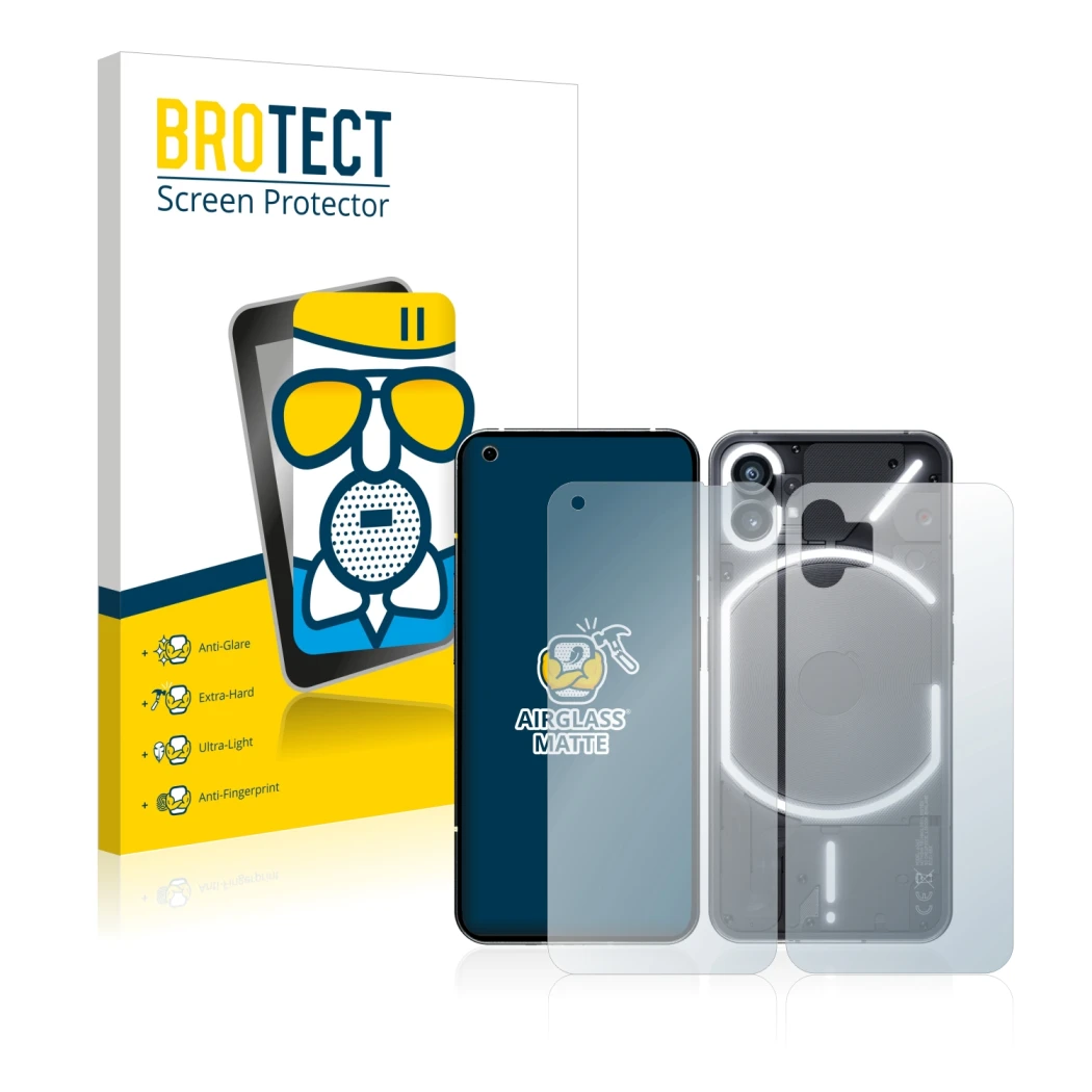 Face avant d’un emballage produit avec le logo de la marque BROTECT. À côté, l’appareil Nothing Phone (1) (Avant+Arrière) est 