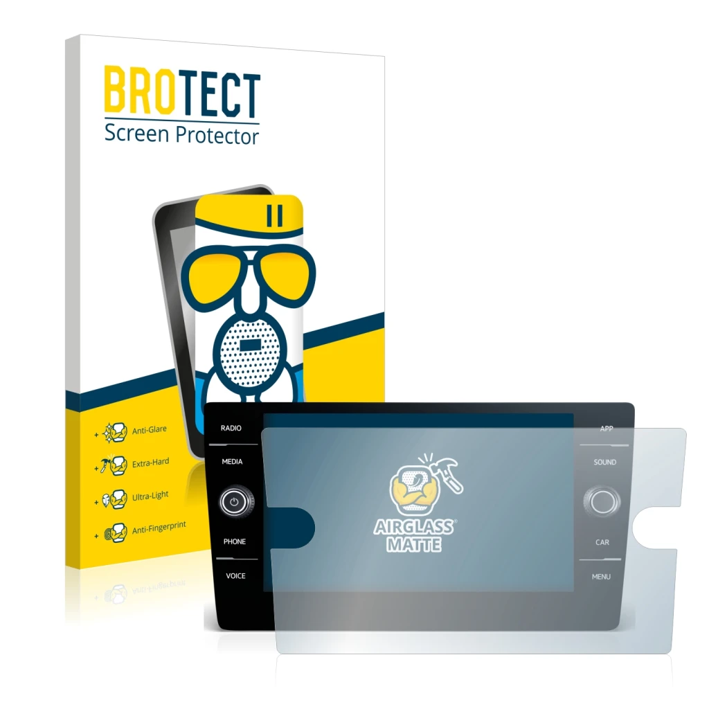 Face avant d’un emballage produit avec le logo de la marque BROTECT. À côté, l’appareil Volkswagen T-Roc R Line 2022 Discover 