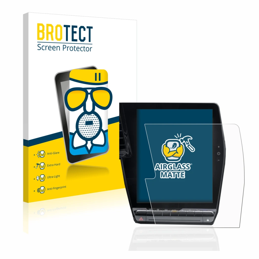 Face avant d’un emballage produit avec le logo de la marque BROTECT. À côté, l’appareil Renault Megane E-Tech openR Link 12