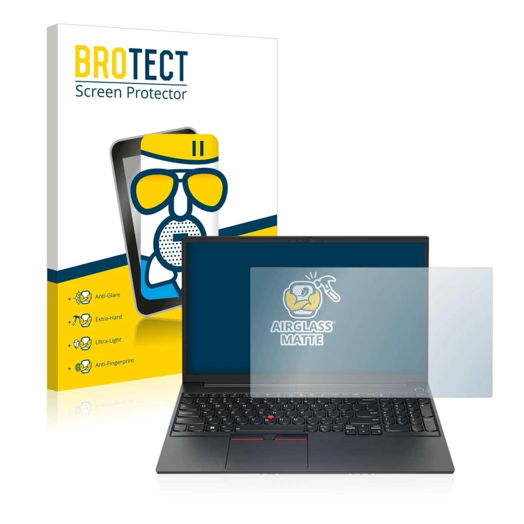 Face avant d’un emballage produit avec le logo de la marque BROTECT. À côté, l’appareil Lenovo ThinkPad E15 Gen 4 est représen
