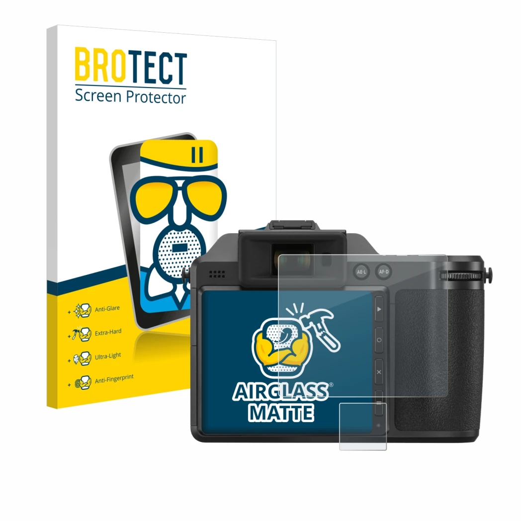 Face avant d’un emballage produit avec le logo de la marque BROTECT. À côté, l’appareil Hasselblad X2D 100C est représenté ave