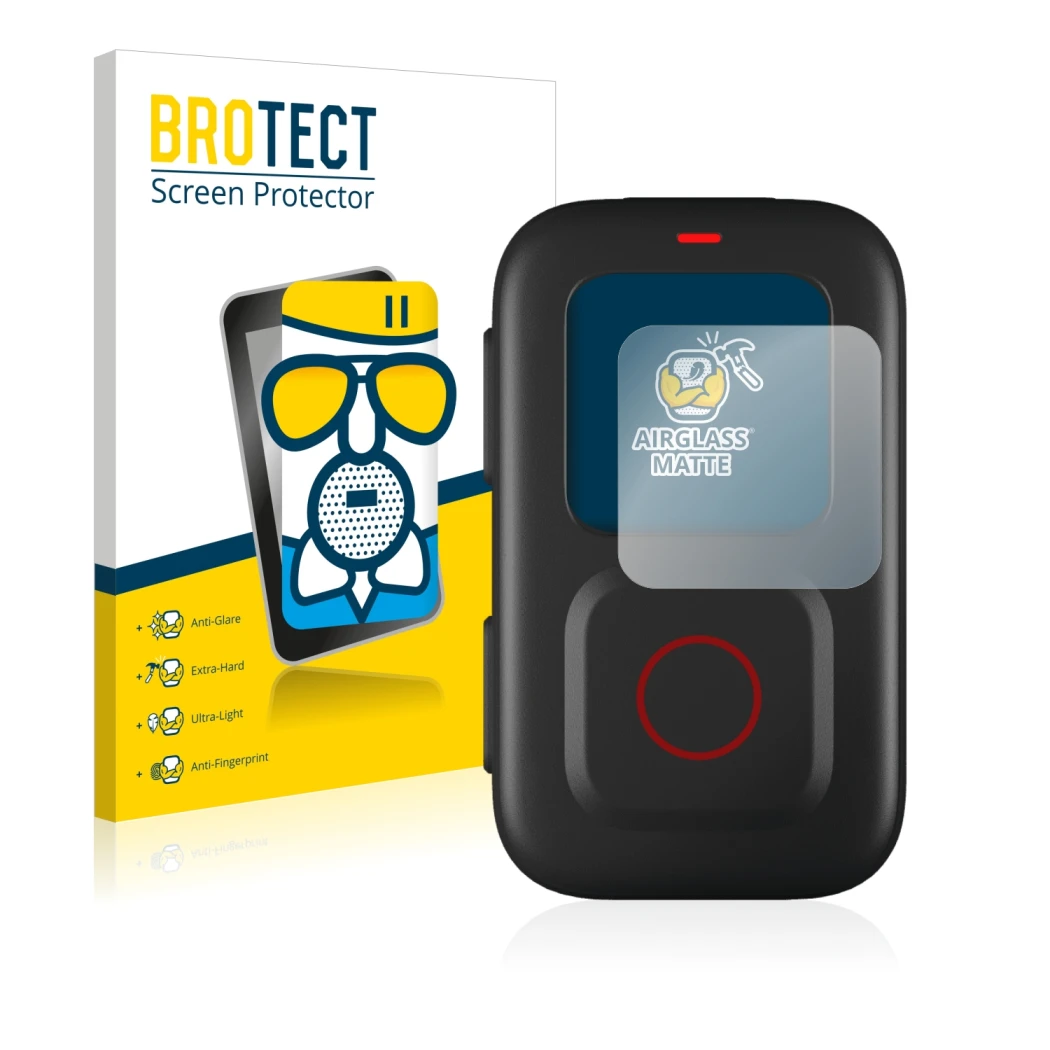 Face avant d’un emballage produit avec le logo de la marque BROTECT. À côté, l’appareil GoPro Remote est représenté avec la pr