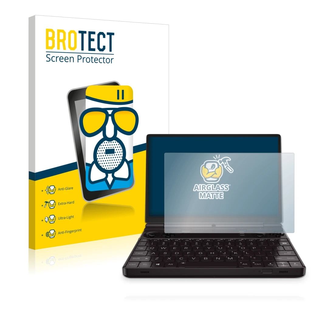 Face avant d’un emballage produit avec le logo de la marque BROTECT. À côté, l’appareil GPD Win Max 2 est représenté avec la p