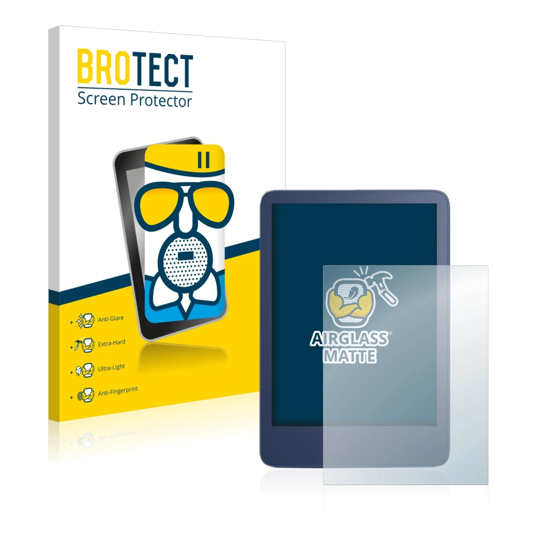 Face avant d’un emballage produit avec le logo de la marque BROTECT. À côté, l’appareil Amazon Kindle Reader 2022 est représen