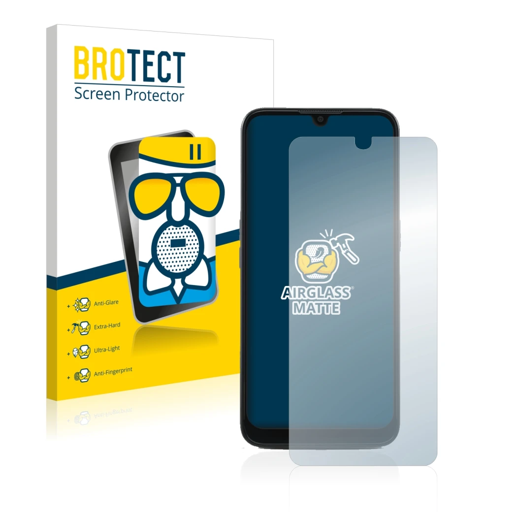 Face avant d’un emballage produit avec le logo de la marque BROTECT. À côté, l’appareil Doro 8100 PLUS est représenté avec la