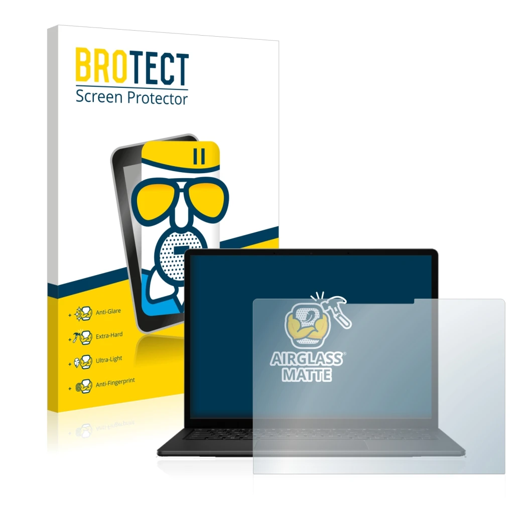 Face avant d’un emballage produit avec le logo de la marque BROTECT. À côté, l’appareil Microsoft Surface Laptop 5 15