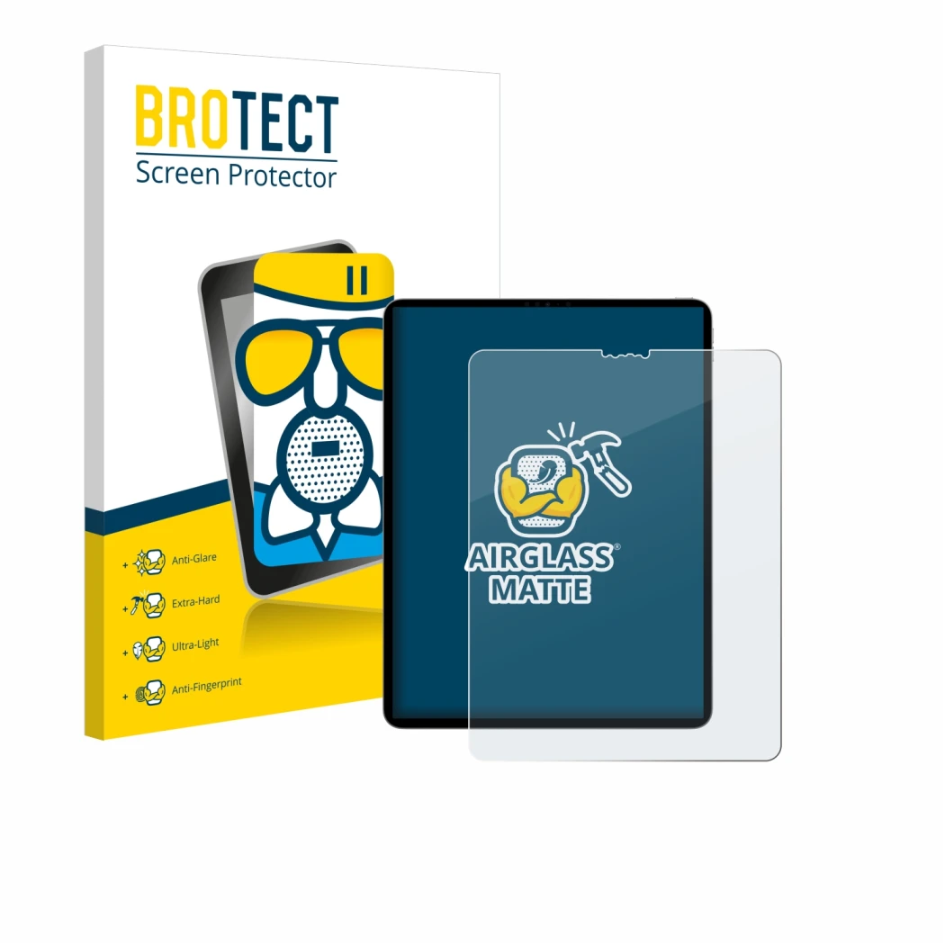 Face avant d’un emballage produit avec le logo de la marque BROTECT. À côté, l’appareil Apple iPad Pro 12.9