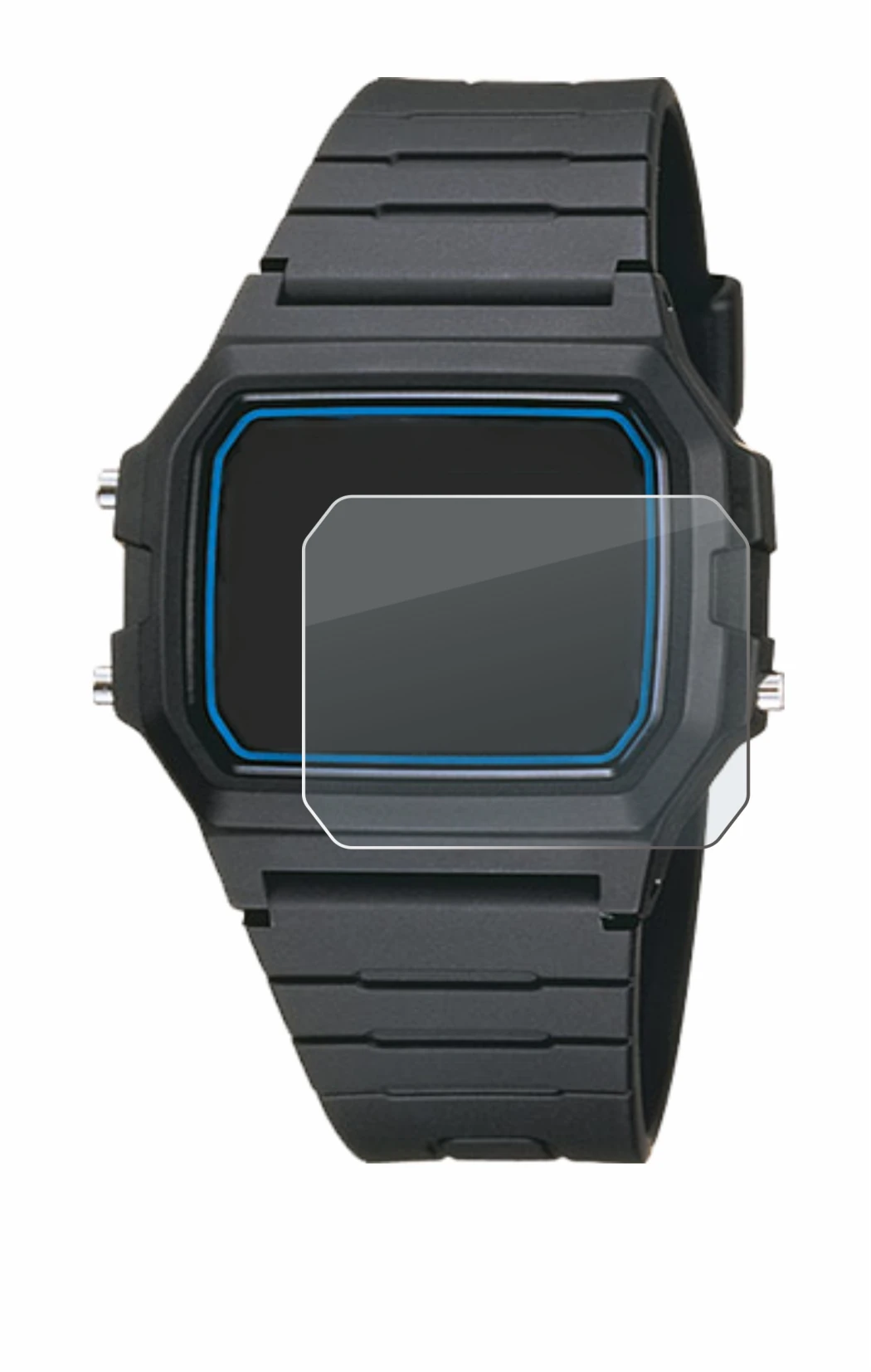 Image de l'appareil Casio F-105W-1AWYEF avec une grande variété de protections d'écran.