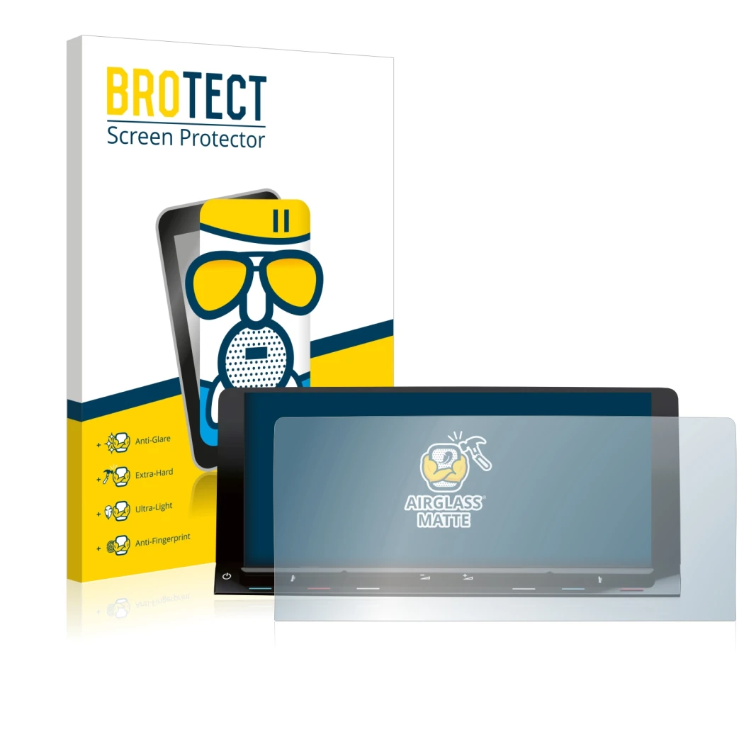 Face avant d’un emballage produit avec le logo de la marque BROTECT. À côté, l’appareil Volkswagen T7 Multivan Life Discover M