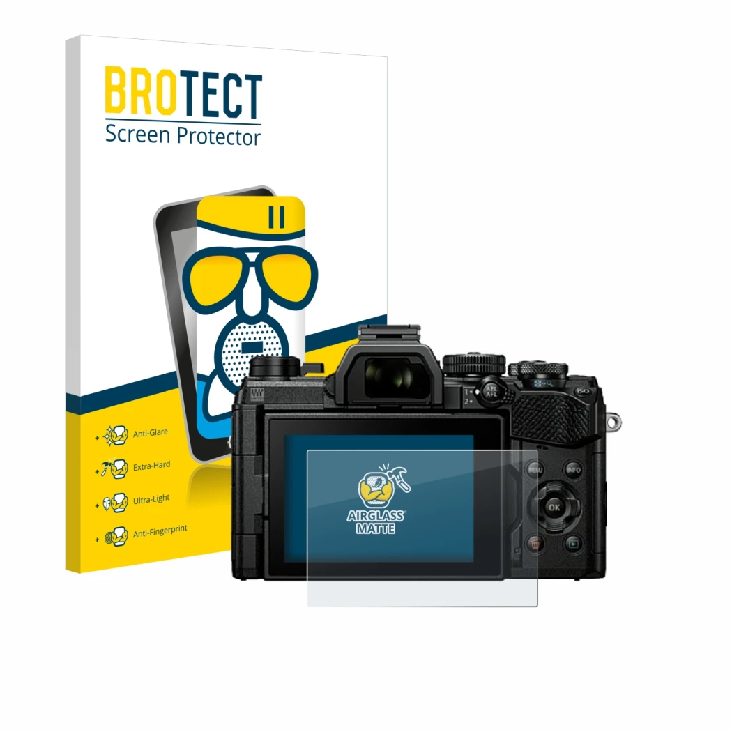 Face avant d’un emballage produit avec le logo de la marque BROTECT. À côté, l’appareil Olympus OM System OM-5 est représenté
