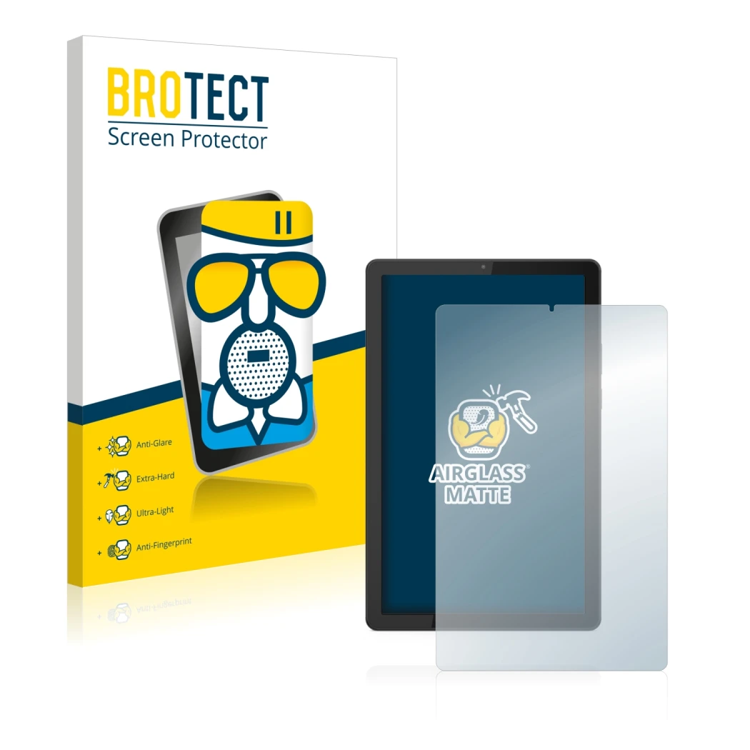 Face avant d’un emballage produit avec le logo de la marque BROTECT. À côté, l’appareil Lenovo Tab M9 est représenté avec la p