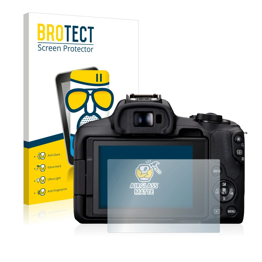 Face avant d’un emballage produit avec le logo de la marque BROTECT. À côté, l’appareil Canon EOS R50 est représenté avec la p