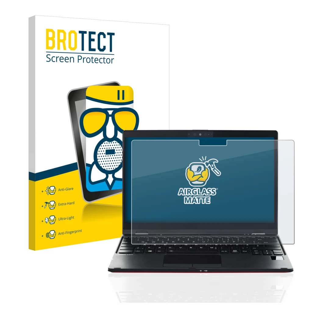 Face avant d’un emballage produit avec le logo de la marque BROTECT. À côté, l’appareil Fujitsu Lifebook U9311X est représenté