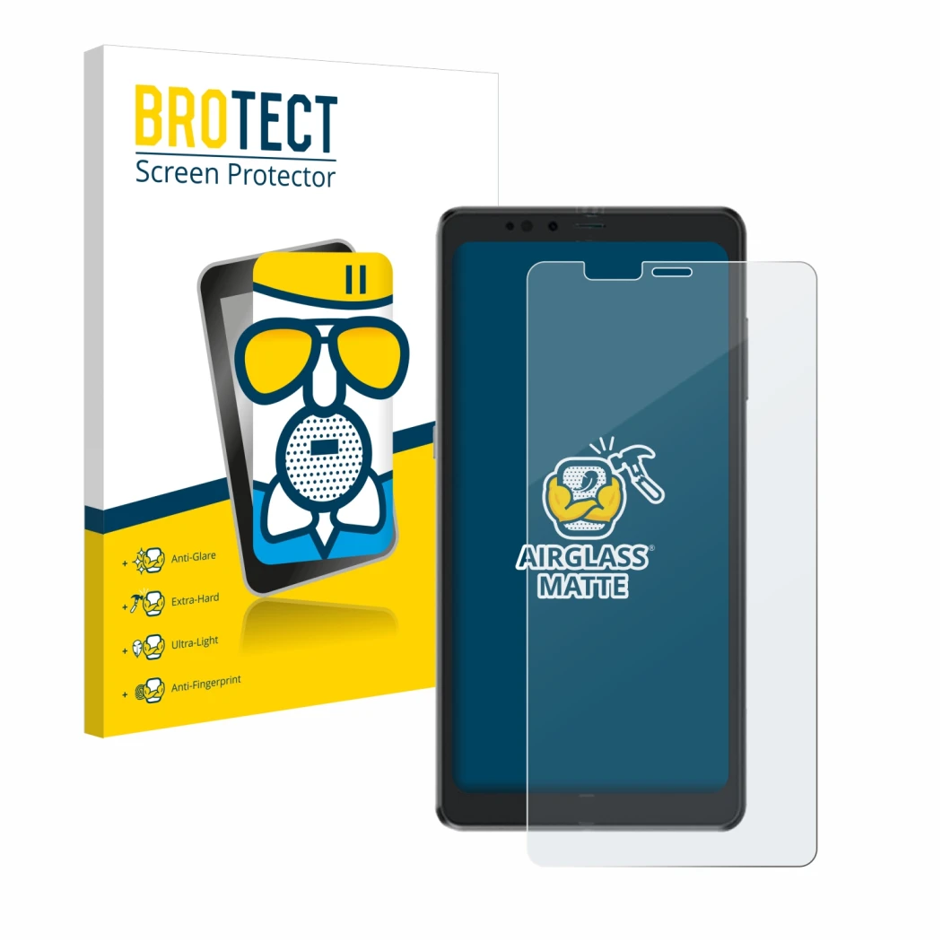 Face avant d’un emballage produit avec le logo de la marque BROTECT. À côté, l’appareil Hisense A9 est représenté avec la prot