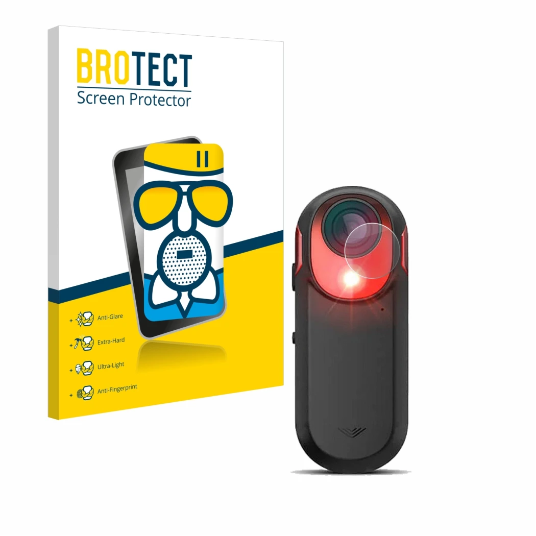 Face avant d’un emballage produit avec le logo de la marque BROTECT. À côté, l’appareil Garmin Varia RCT 715 est représenté av