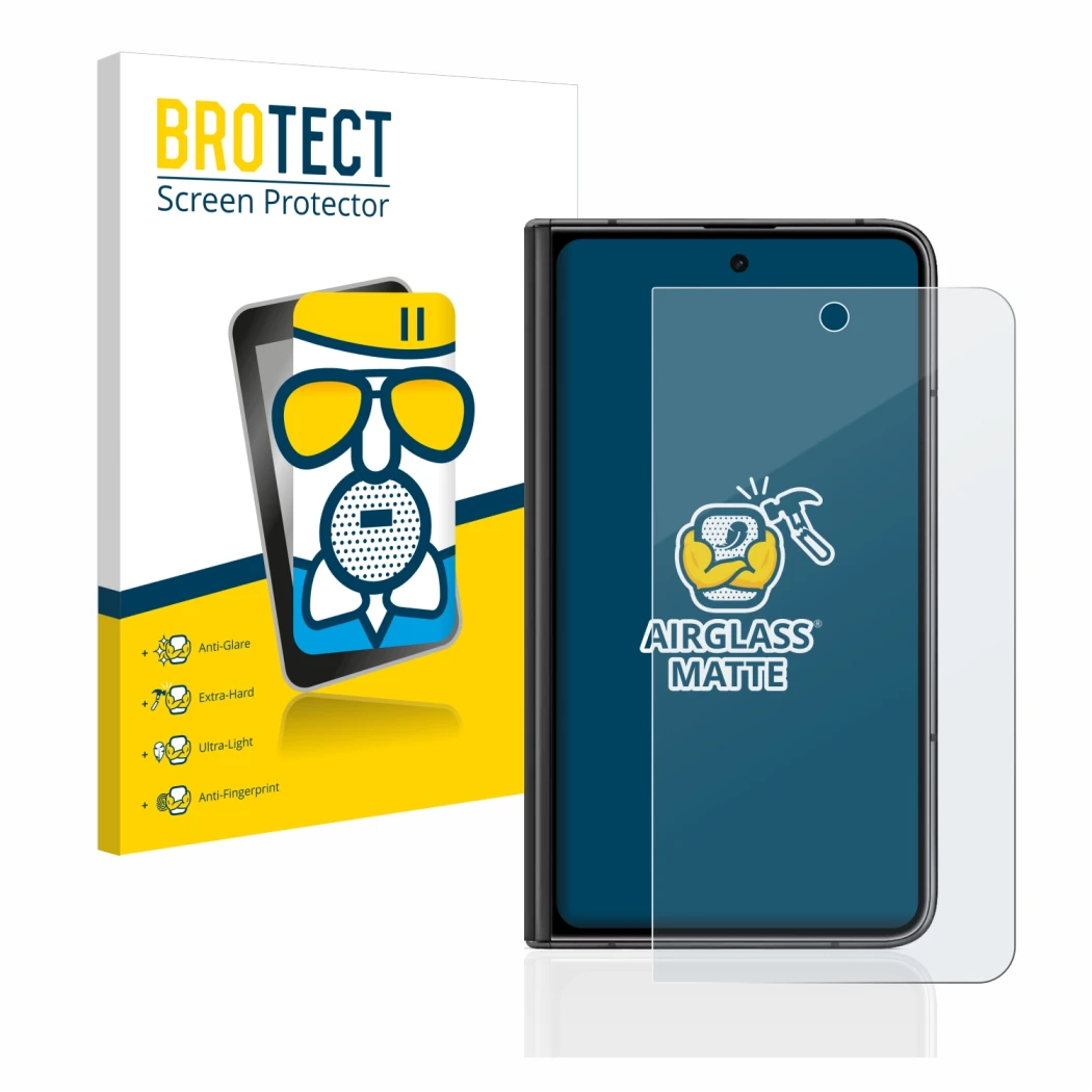 Face avant d’un emballage produit avec le logo de la marque BROTECT. À côté, l’appareil Google Pixel Fold (Affichage externe) 
