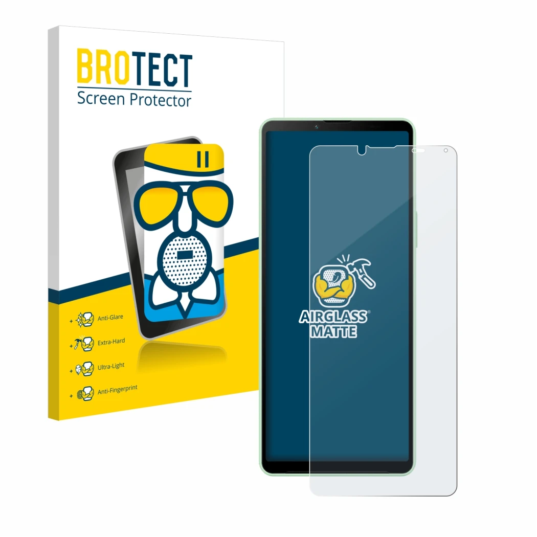 Face avant d’un emballage produit avec le logo de la marque BROTECT. À côté, l’appareil Sony Xperia 10 V est représenté avec l