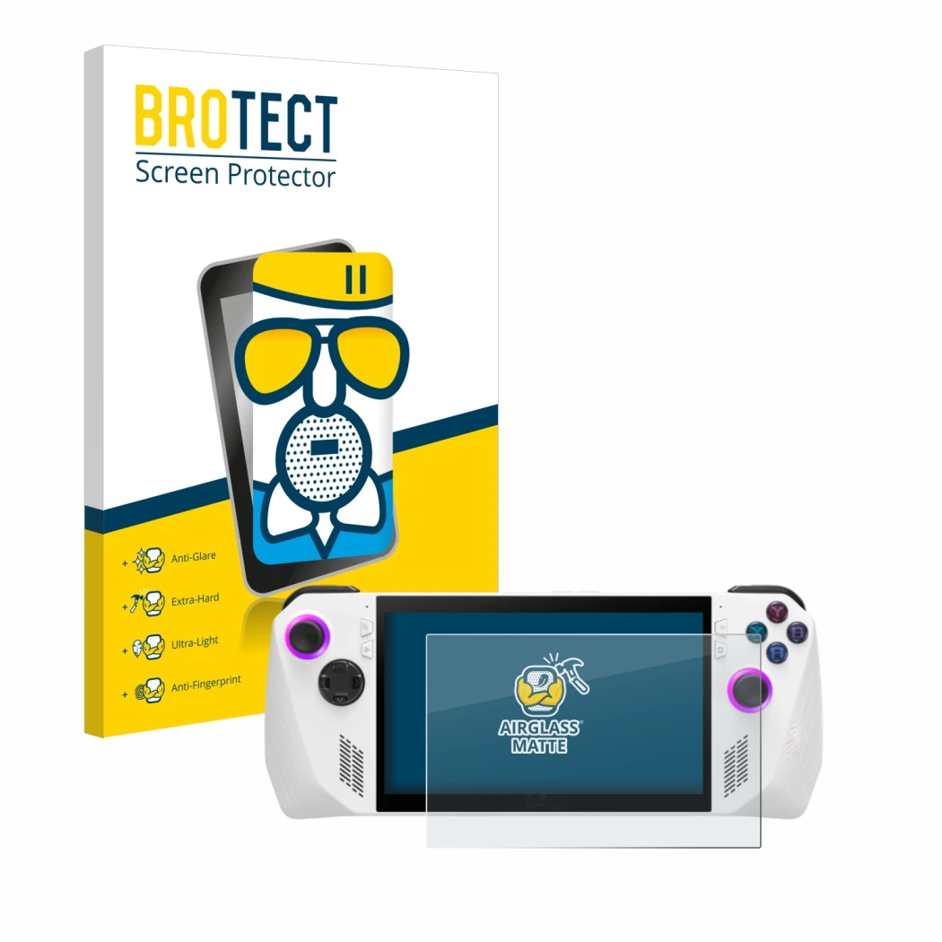 Face avant d’un emballage produit avec le logo de la marque BROTECT. À côté, l’appareil ASUS ROG Ally (2023) RC71L est représe