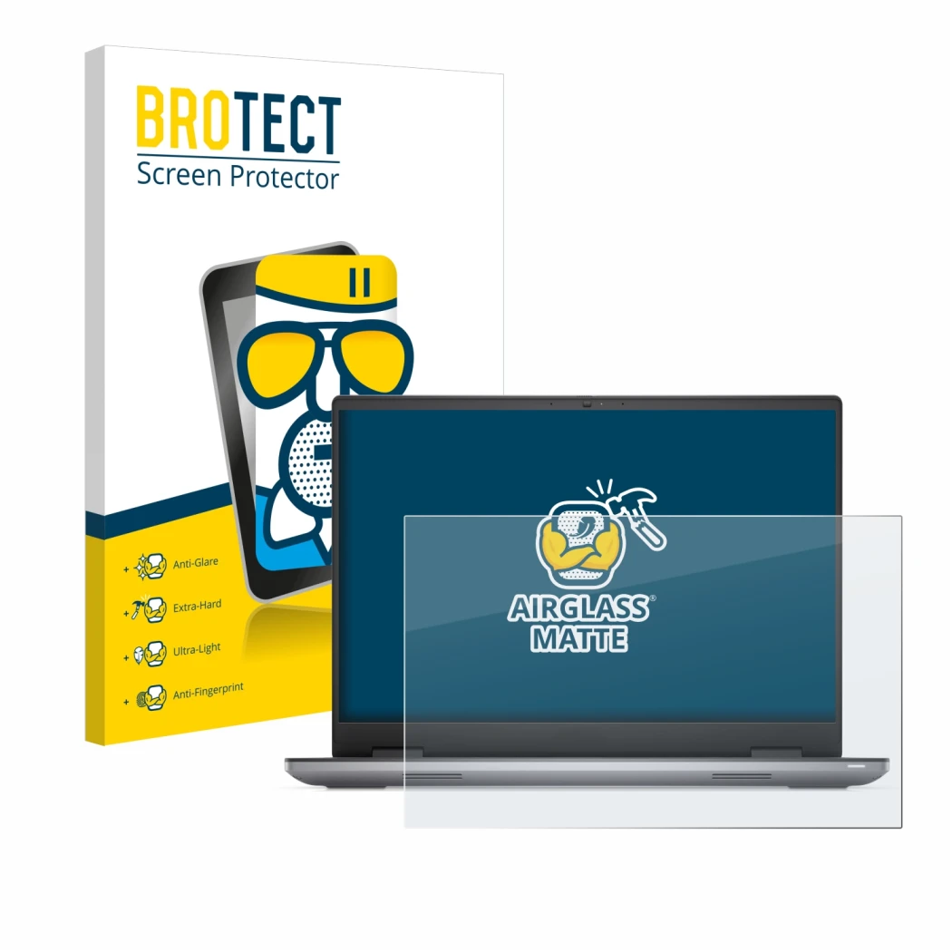 Face avant d’un emballage produit avec le logo de la marque BROTECT. À côté, l’appareil Dell Precision 7680 Non-Touch est repr