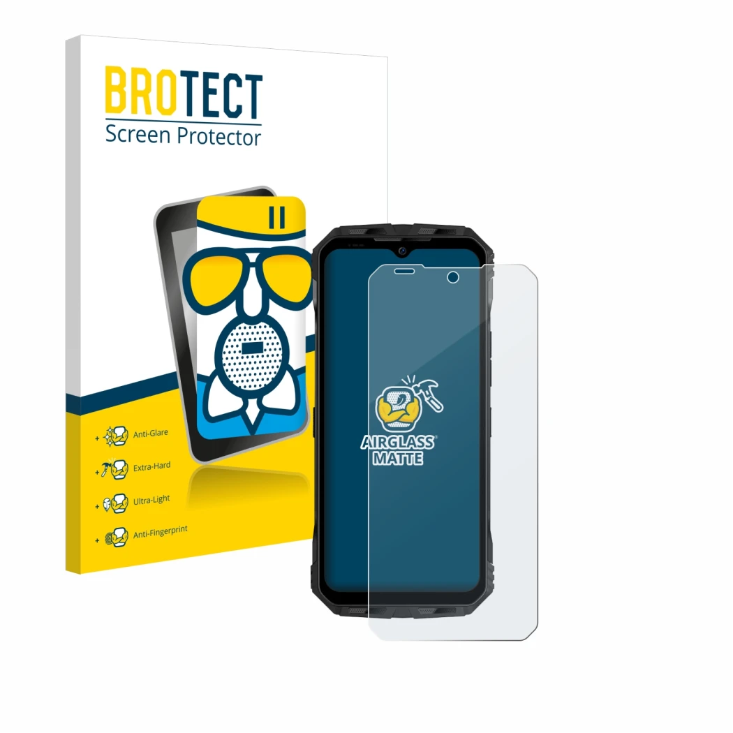 Face avant d’un emballage produit avec le logo de la marque BROTECT. À côté, l’appareil Doogee V30 est représenté avec la prot