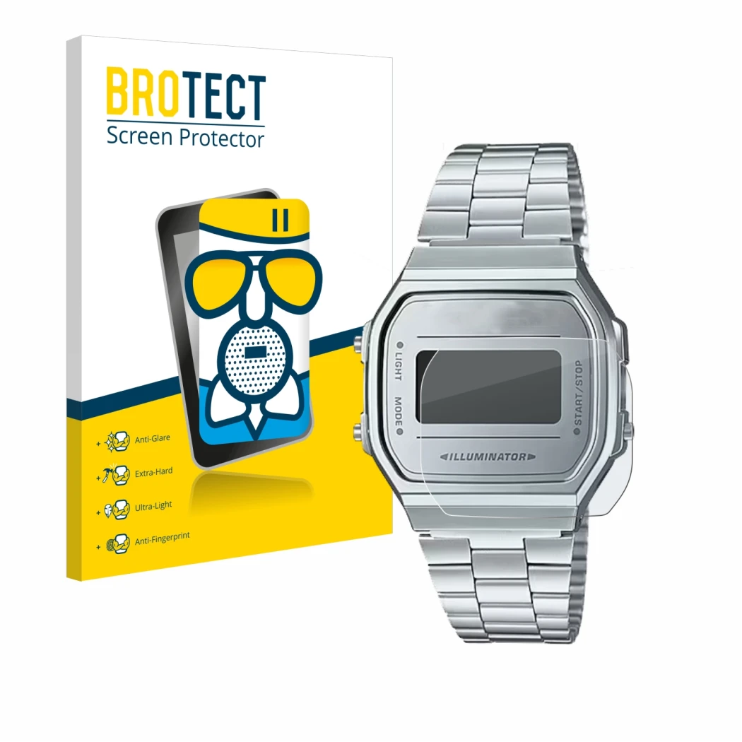 Face avant d’un emballage produit avec le logo de la marque BROTECT. À côté, l’appareil Casio A168WEM-7EF est représenté avec