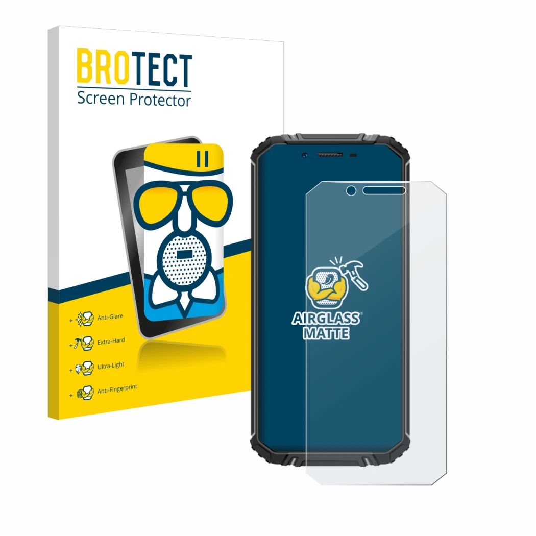 Face avant d’un emballage produit avec le logo de la marque BROTECT. À côté, l’appareil Oukitel WP18 est représenté avec la pr