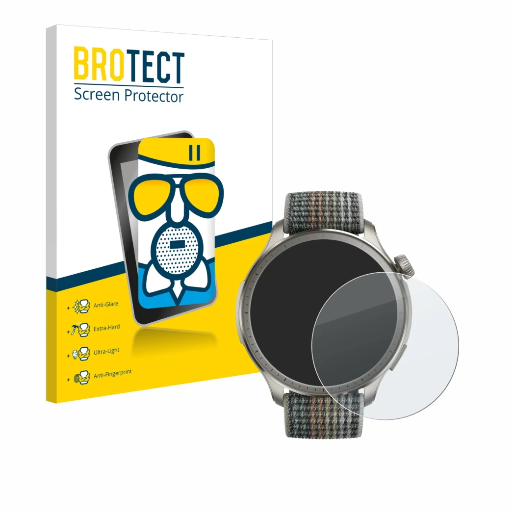 Face avant d’un emballage produit avec le logo de la marque BROTECT. À côté, l’appareil Huami Amazfit Balance est représenté a