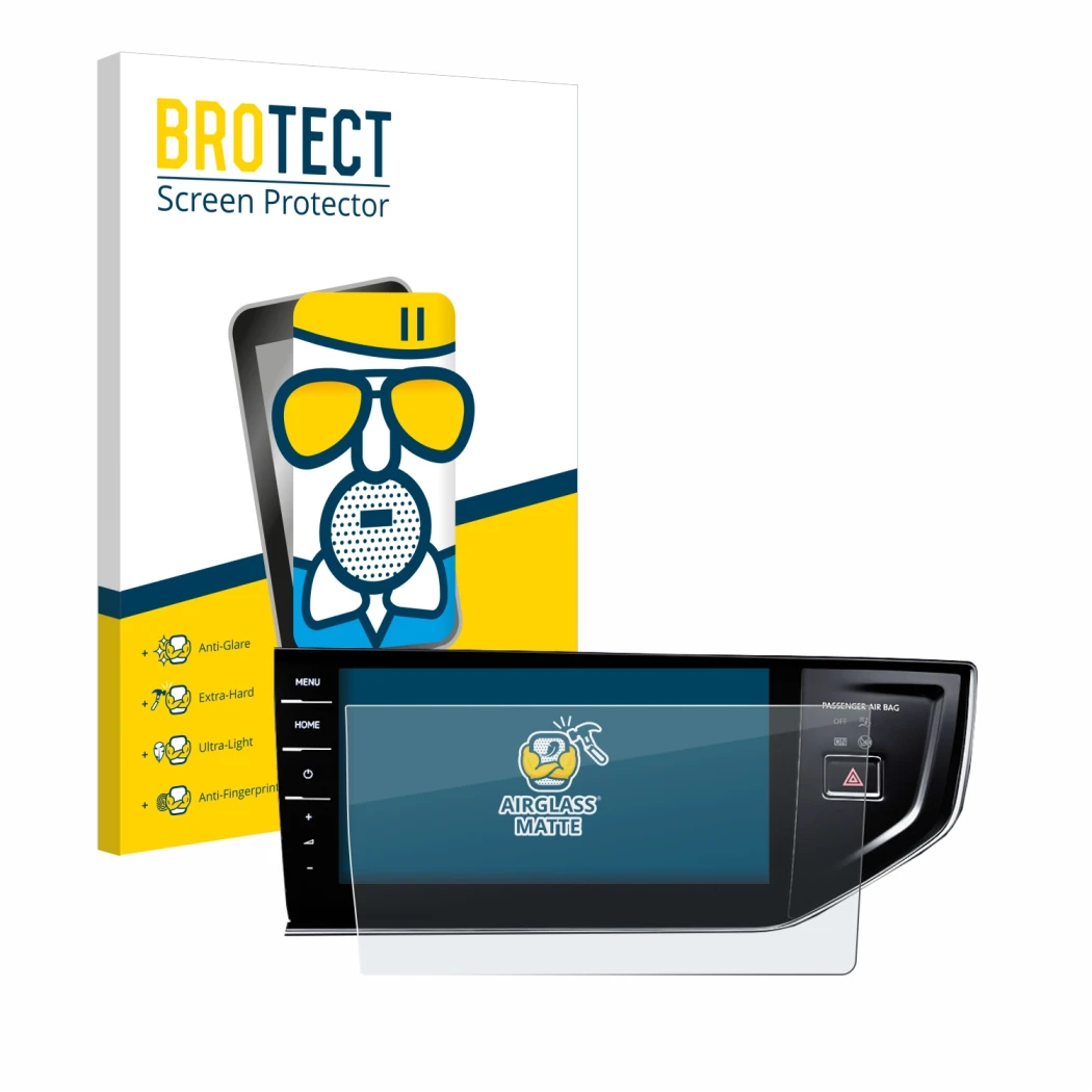 Face avant d’un emballage produit avec le logo de la marque BROTECT. À côté, l’appareil Volkswagen Polo VI Discover Pro 9,2