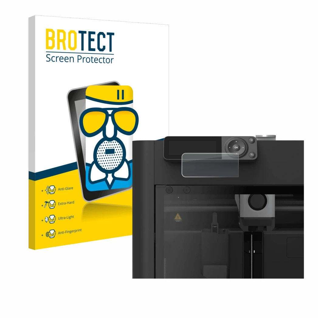 Face avant d’un emballage produit avec le logo de la marque BROTECT. À côté, l’appareil Bambu Lab P1S 3D Printer est représent
