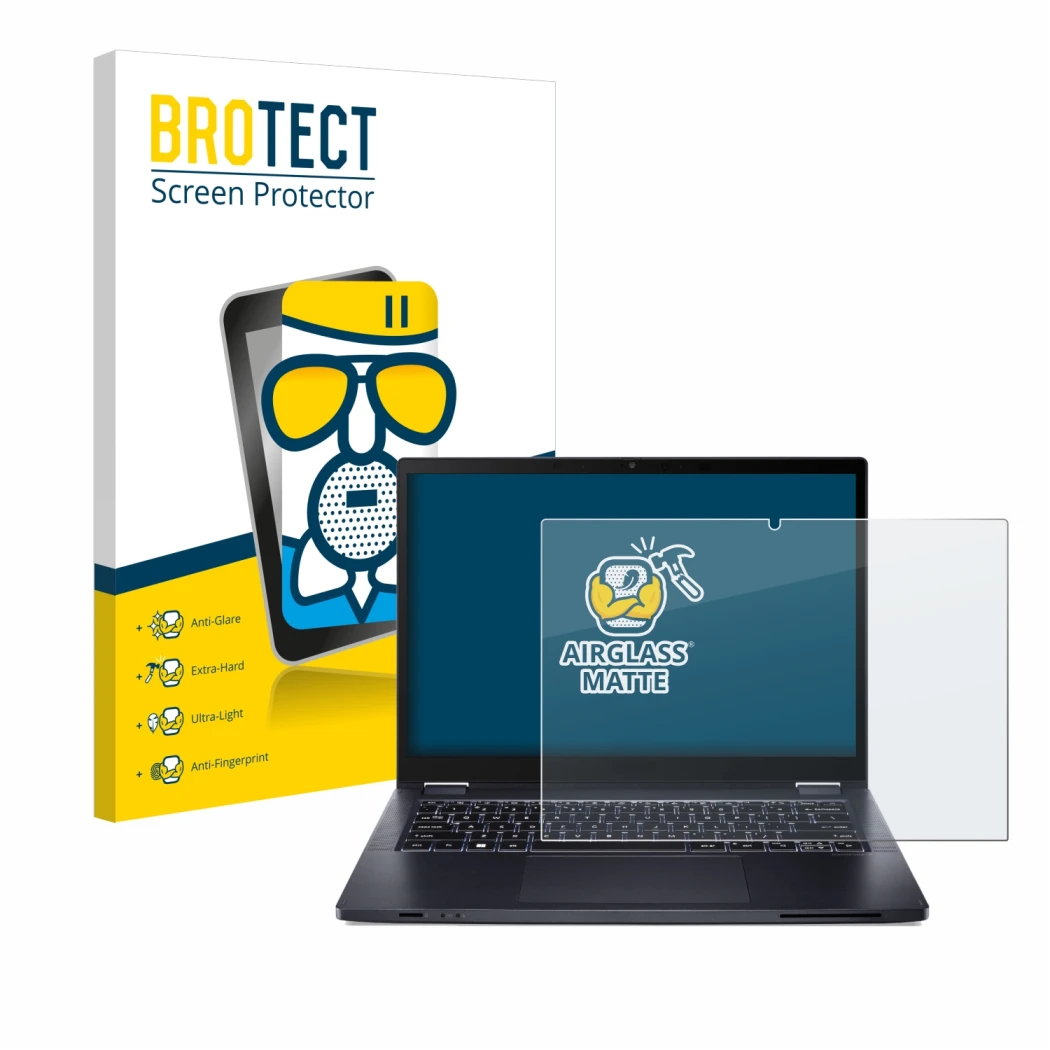 Face avant d’un emballage produit avec le logo de la marque BROTECT. À côté, l’appareil Acer TravelMate Spin P4 14