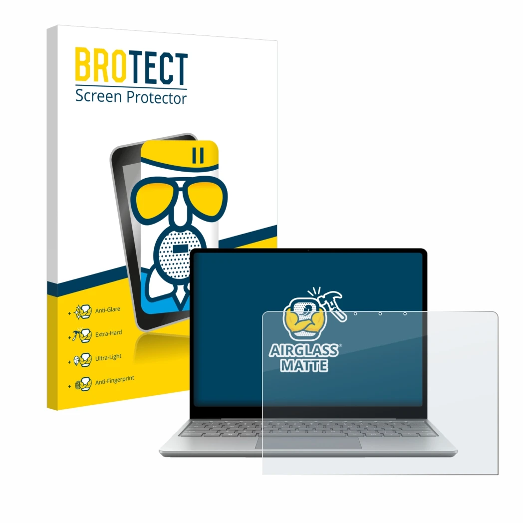 Face avant d’un emballage produit avec le logo de la marque BROTECT. À côté, l’appareil Microsoft Surface Laptop Go 3 Business