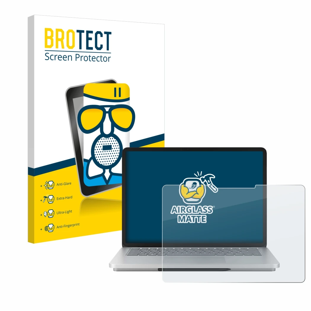 Face avant d’un emballage produit avec le logo de la marque BROTECT. À côté, l’appareil Microsoft Surface Laptop Studio 2 est 