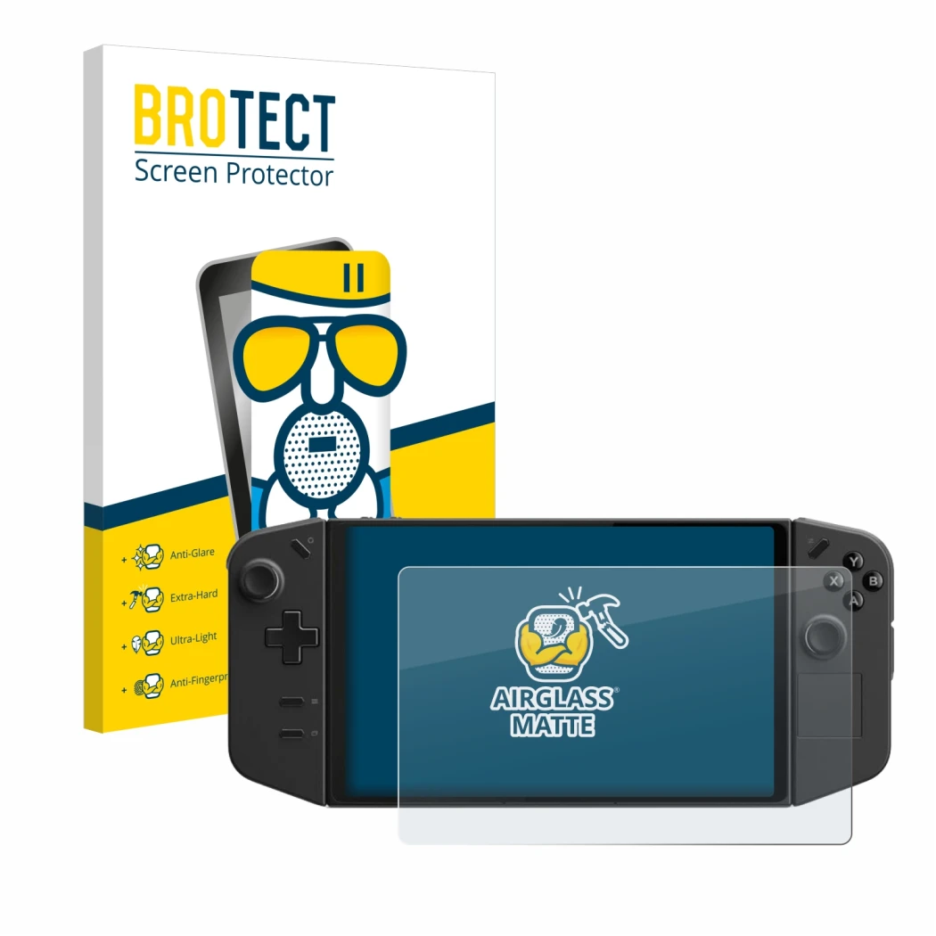 Face avant d’un emballage produit avec le logo de la marque BROTECT. À côté, l’appareil Lenovo Legion Go est représenté avec l