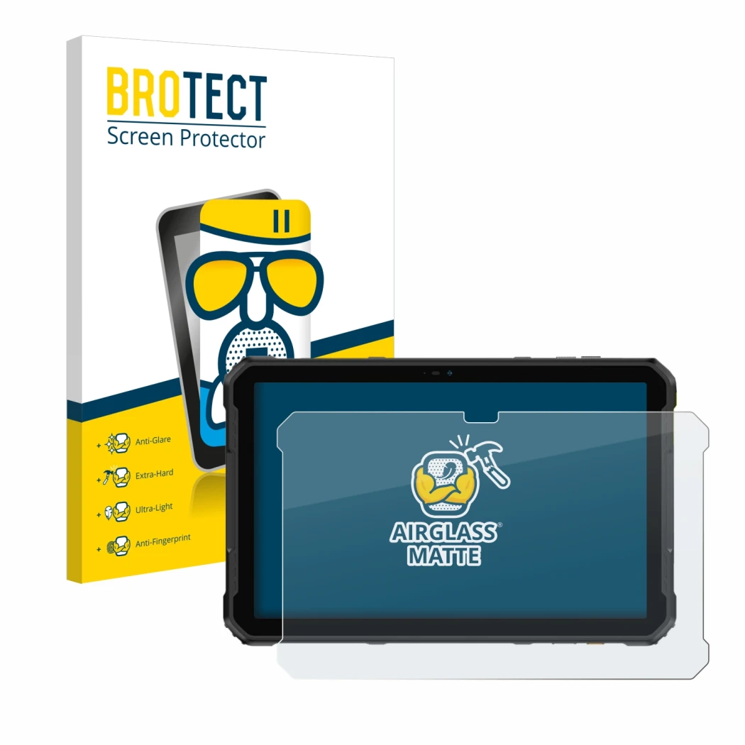 Face avant d’un emballage produit avec le logo de la marque BROTECT. À côté, l’appareil Ulefone Armor Pad 2 est représenté ave