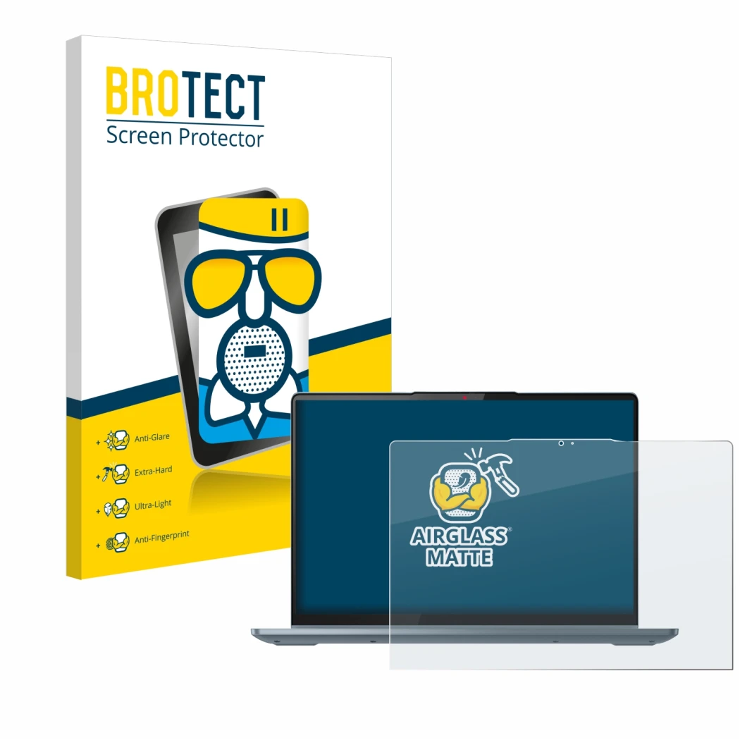 Face avant d’un emballage produit avec le logo de la marque BROTECT. À côté, l’appareil Lenovo IdeaPad Flex 5 14