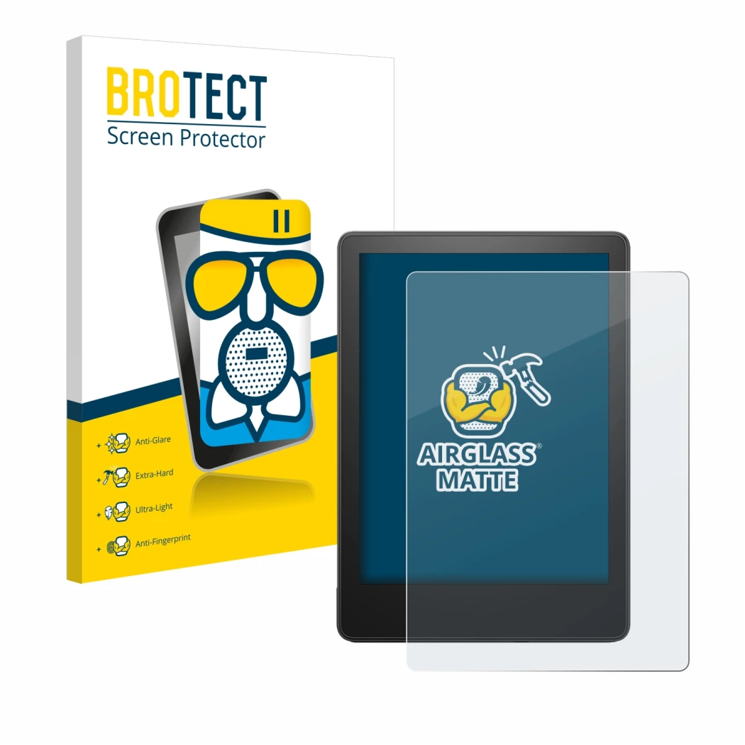 Face avant d’un emballage produit avec le logo de la marque BROTECT. À côté, l’appareil Amazon Kindle Paperwhite 2023 (11ème G