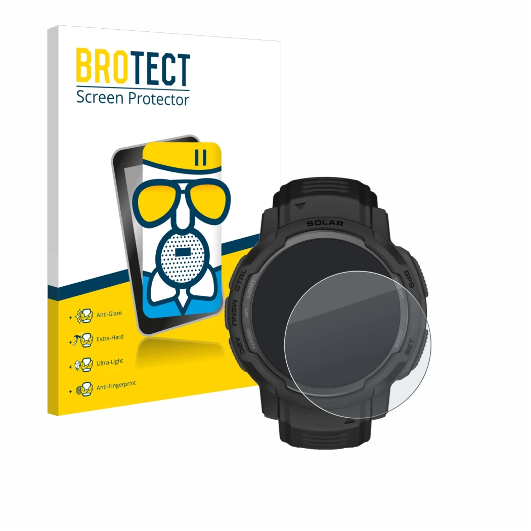 Face avant d’un emballage produit avec le logo de la marque BROTECT. À côté, l’appareil Garmin Instinct Crossover AMOLED est r