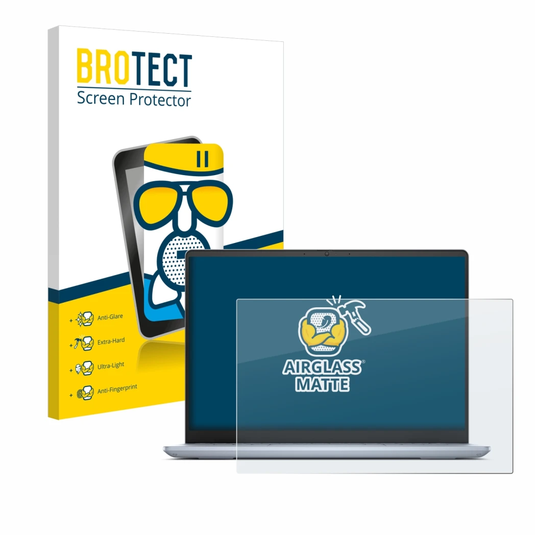 Face avant d’un emballage produit avec le logo de la marque BROTECT. À côté, l’appareil Dell Inspiron 14 Plus 7440 Laptop est 