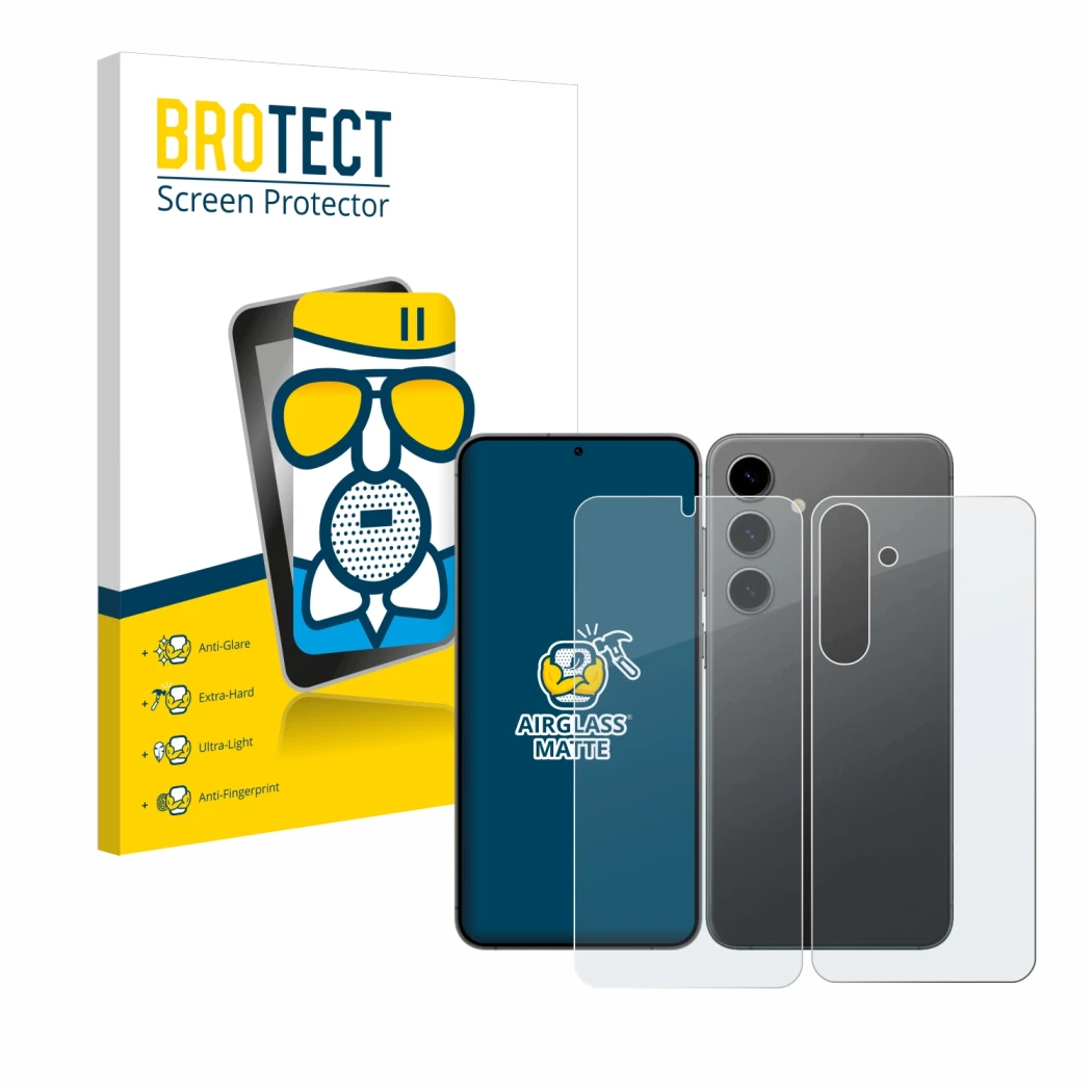 Face avant d’un emballage produit avec le logo de la marque BROTECT. À côté, l’appareil Samsung Galaxy S24 Plus (Avant+Arrière