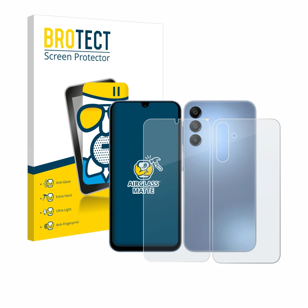 Face avant d’un emballage produit avec le logo de la marque BROTECT. À côté, l’appareil Samsung Galaxy A15 (Avant+Arrière) est